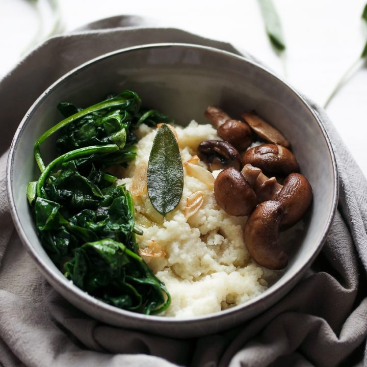 Whipped Cauliflower Mash With Spinach, Mushrooms, And Fried Sage
