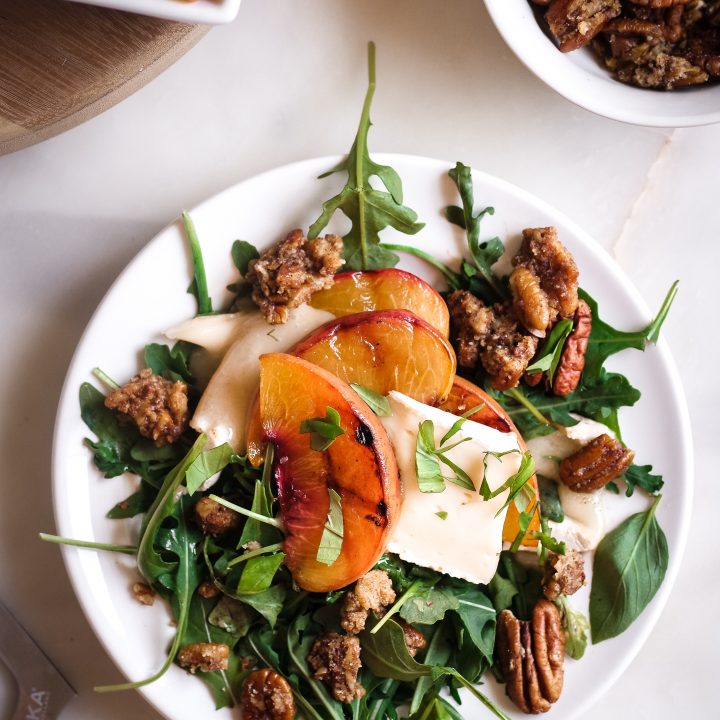 Grilled Peach Brie & Basil Salad with Simple Balsamic Dressing