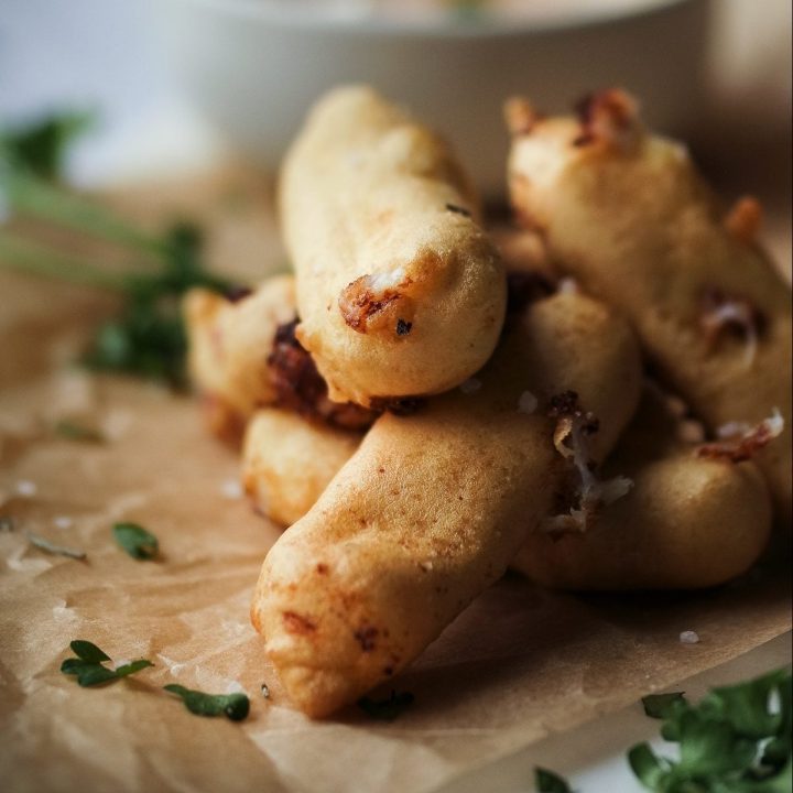 Chickpea Battered Mozzarella Sticks with Spicy Aioli