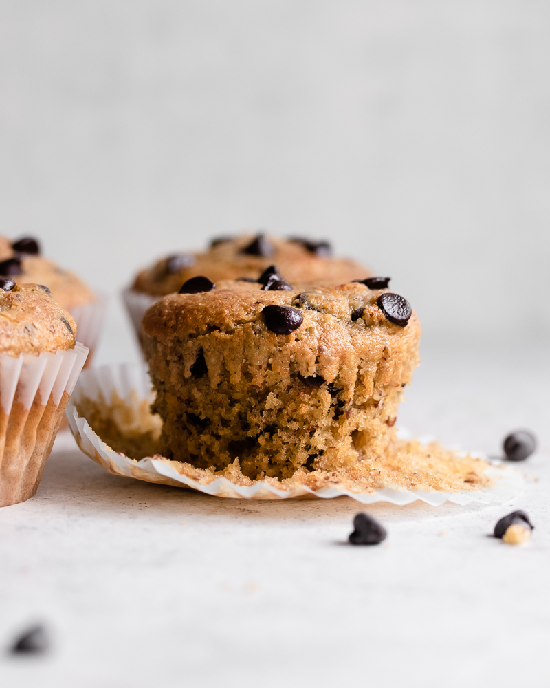 Chocolate chip muffin with the wrapper pulled down