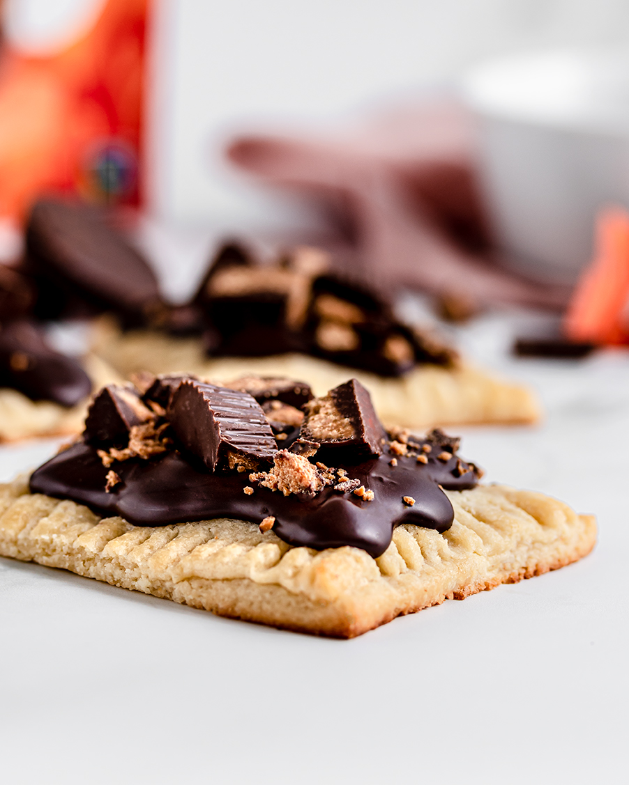 Peanut butter pop tart up close with peanut butter cups on top